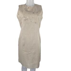 Amanda Smith 100% Pure Linen Tan Floral Embroidered Women's Dress 10